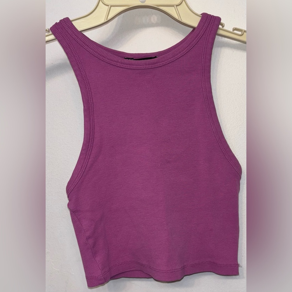 Zara Purple Ribbed Cropped Halter Tank Top Womans Size Medium NWOT
